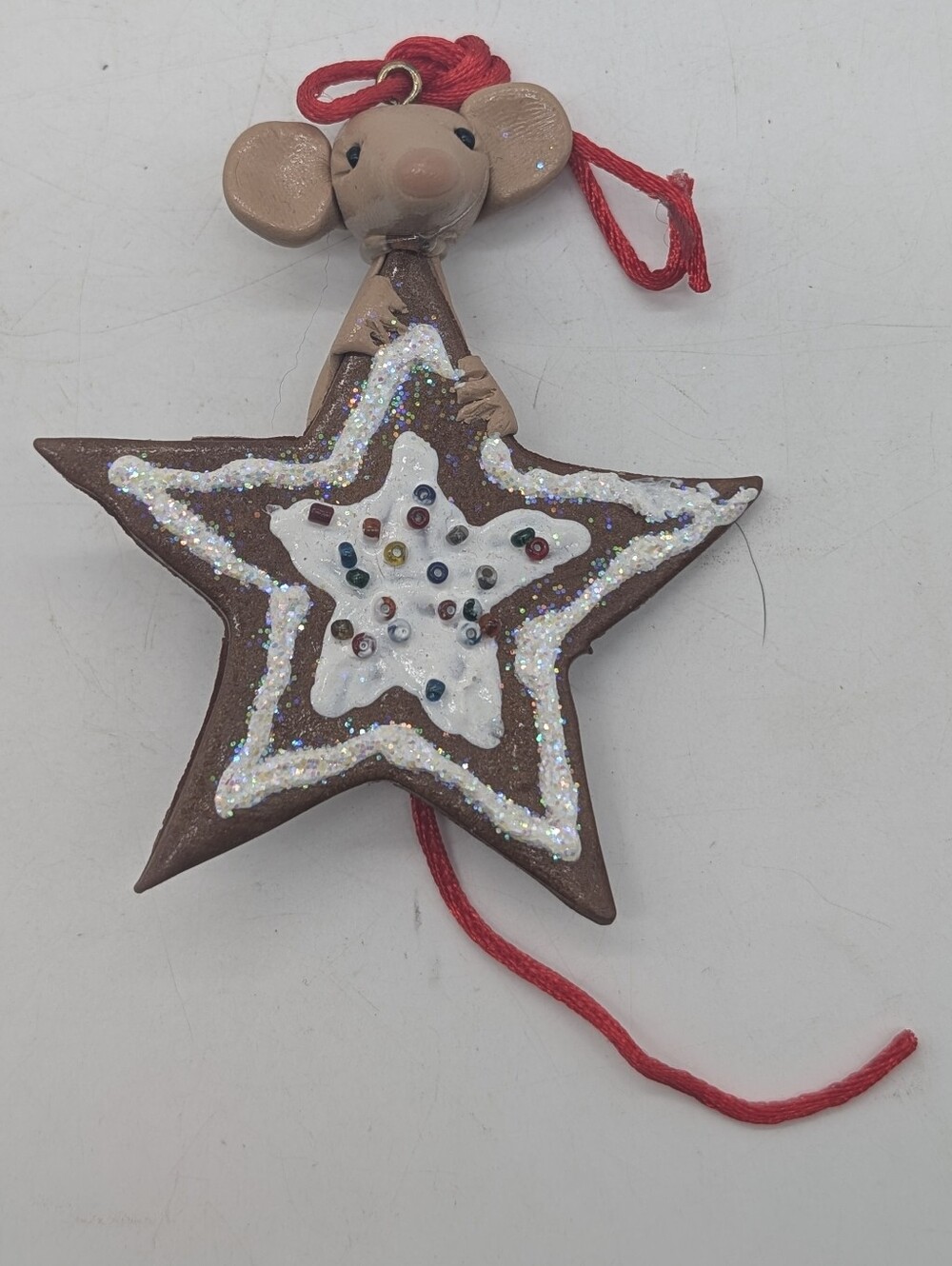 VTG Handmade Polymer Clay Mouse on Gingerbread Star Christmas Ornament